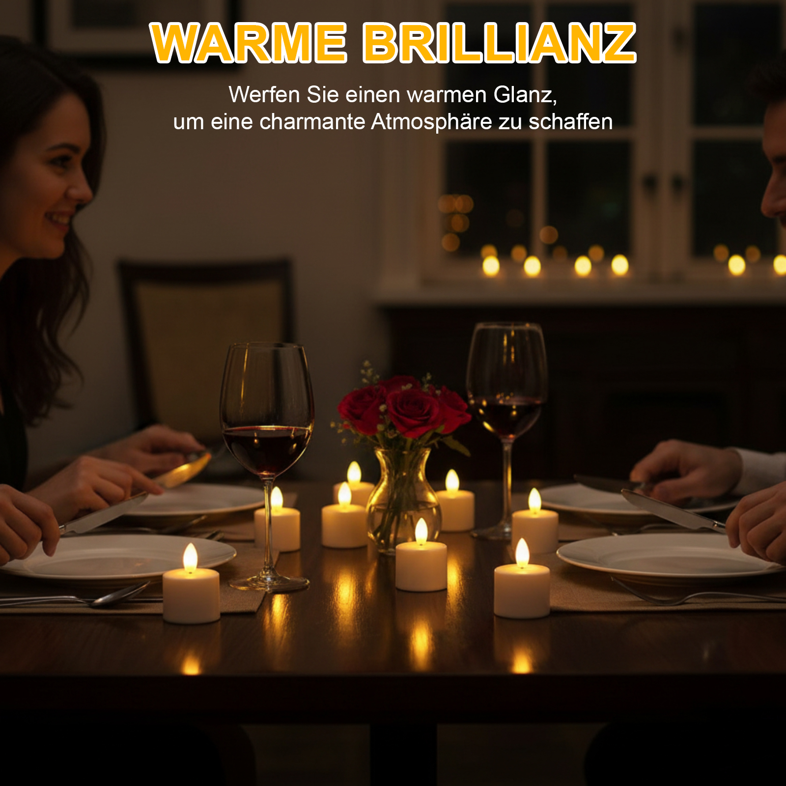 Romantische Dinner-Szene. Kerzen, Weingläser und Rosen auf einem Tisch. Menschen speisen. Warme, einladende Atmosphäre.