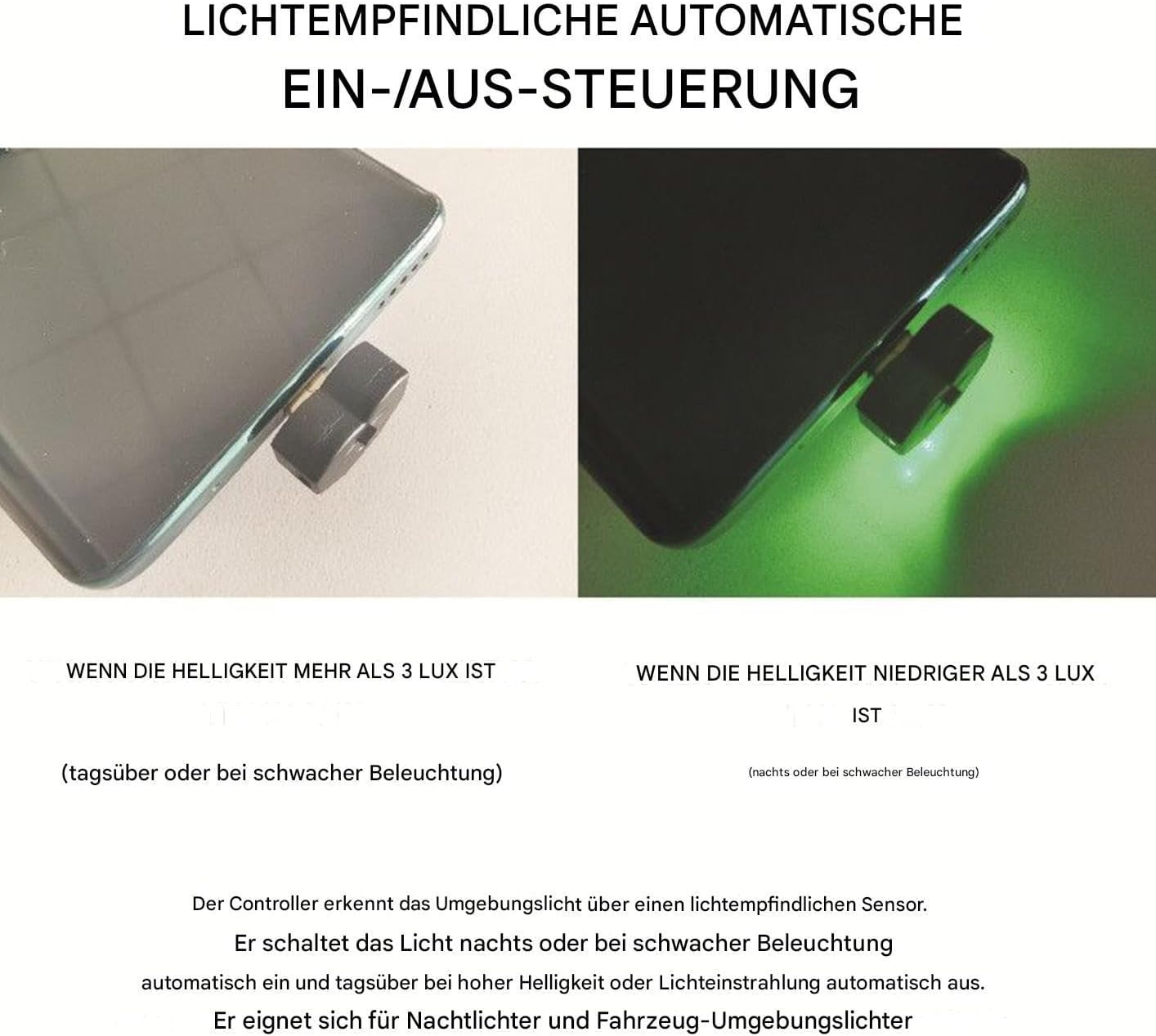 Das Bild zeigt ein Telefon mit einem angeschlossenen Sensor. Text beschreibt die lichtempfindliche automatische Ein-/Aus-Steuerung.