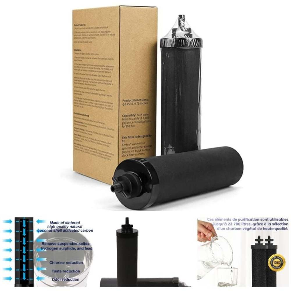 Ein Wasserfilter mit Karton und Diagramm seiner Filterfähigkeiten. Der Filter ist schwarz mit silbernen Deckeln.