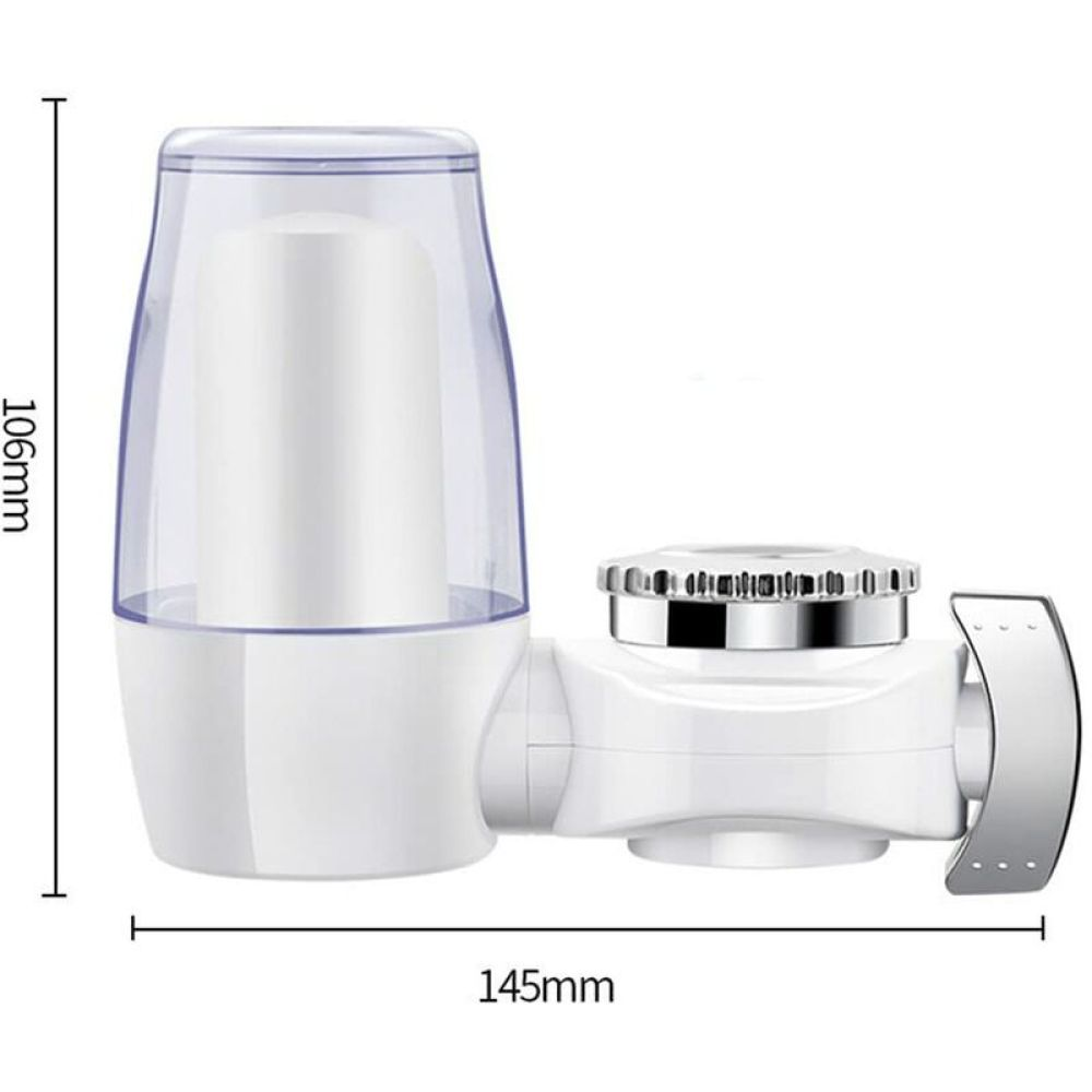 Ein weißer Wasserfilter mit klarer Abdeckung, zylindrischem Filter und verchromtem Griff. Abmessungen sind angegeben.