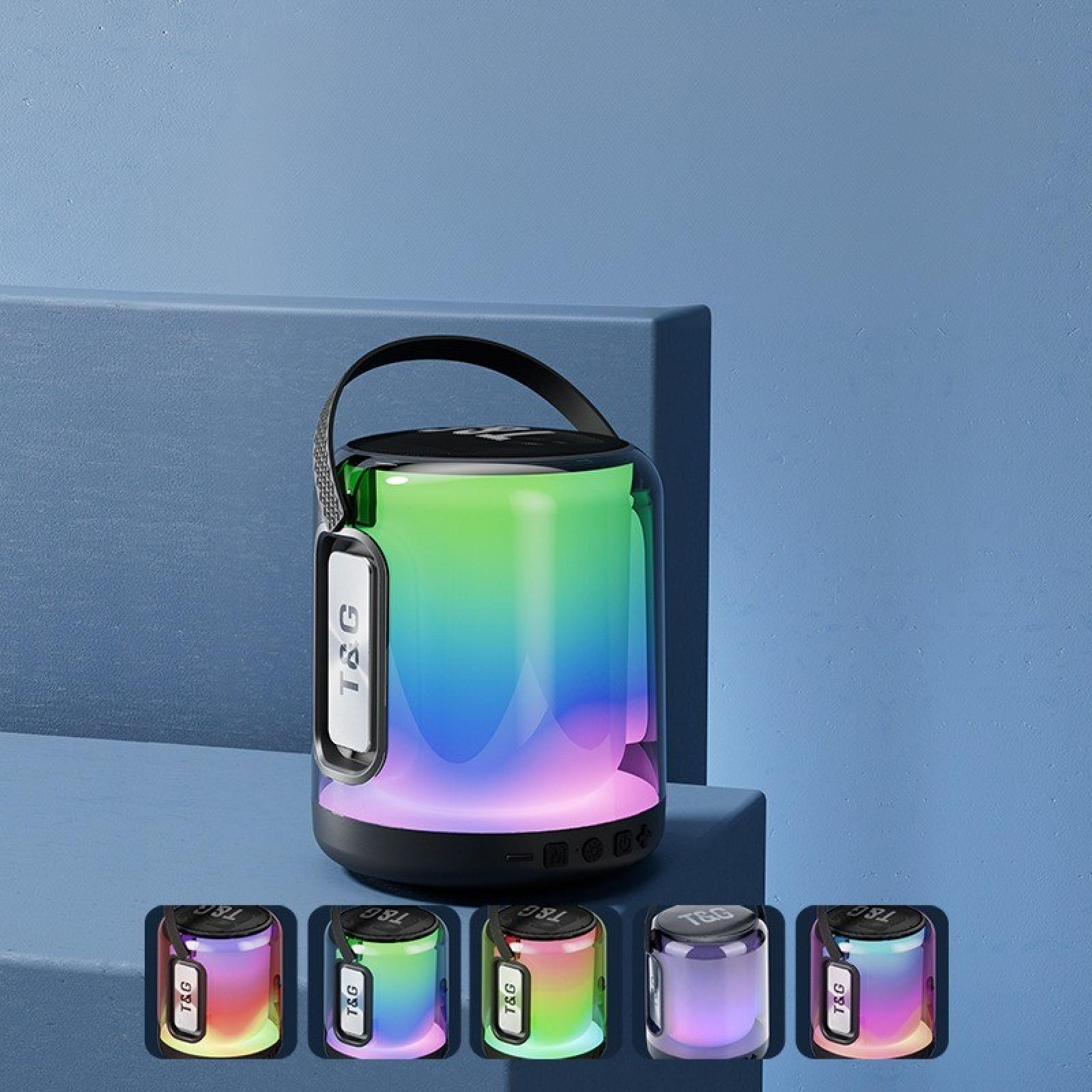 Ein farbenfroher T&G-Lautsprecher mit Griff. Der Hintergrund ist blau. Unten sind kleinere Lautsprecherbilder.