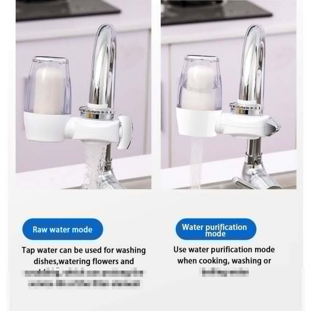 Ein Wasserhahn mit Filter zeigt zwei Modi: Rohwasser und Wasserreinigung. Wasser fließt in ein Waschbecken.