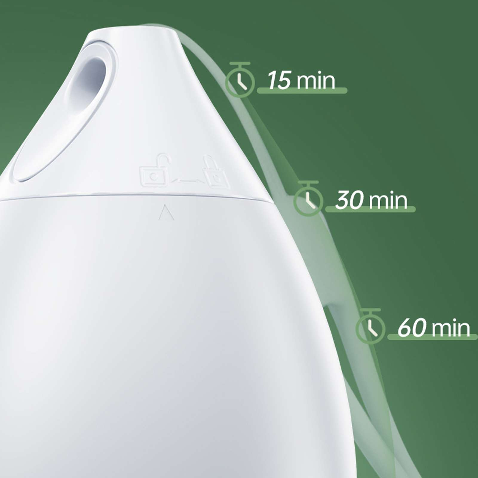Weißer Diffusor mit Zeiteinstellungen: 15, 30 und 60 Minuten. Grüner Hintergrund. Details umfassen ein Schloss- und Entriegelungssymbol.
