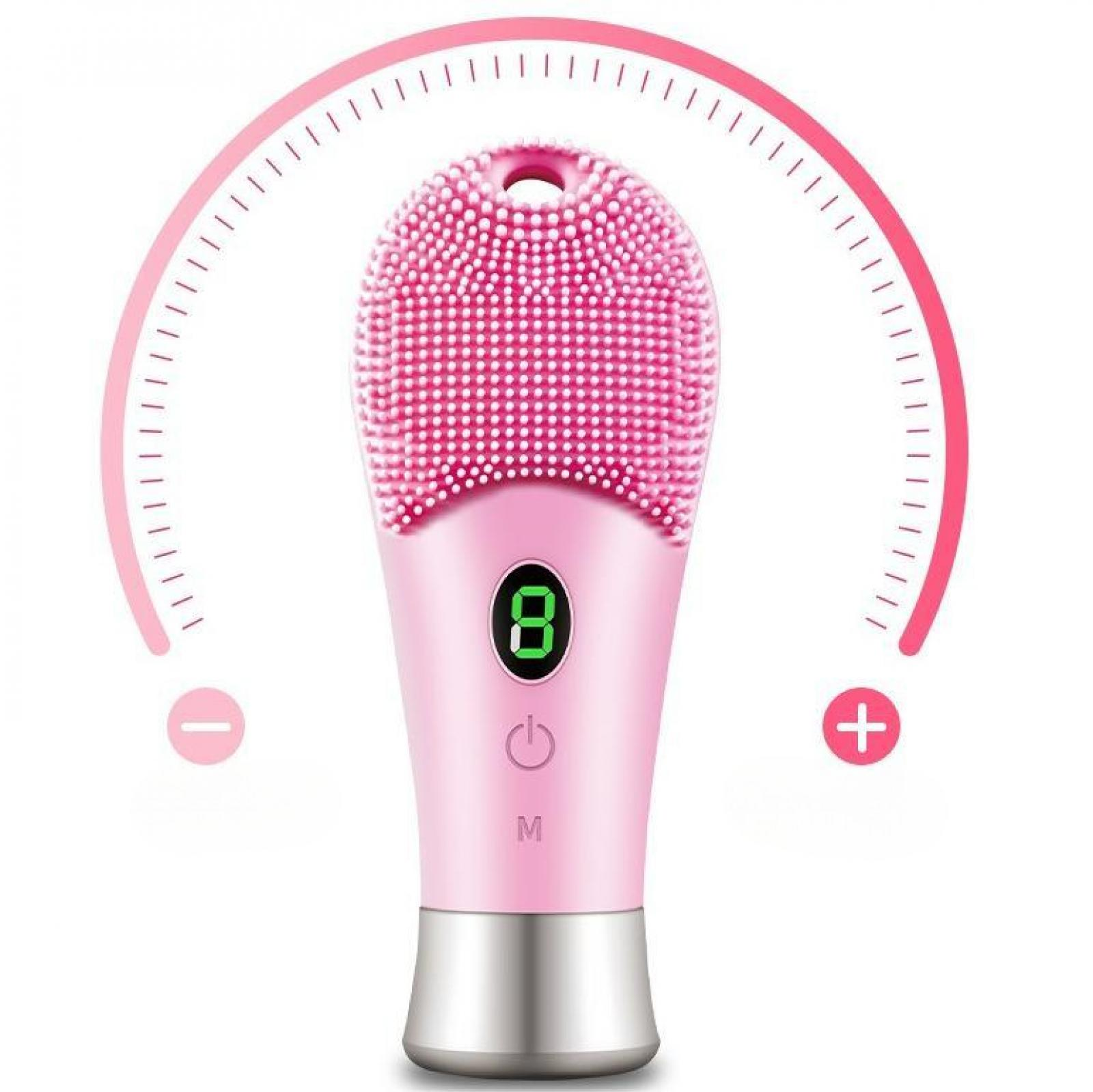 Eine rosa Gesichtsreinigungsbürste mit Digitalanzeige, Plus- und Minustasten sowie einem gebogenen Bogen.