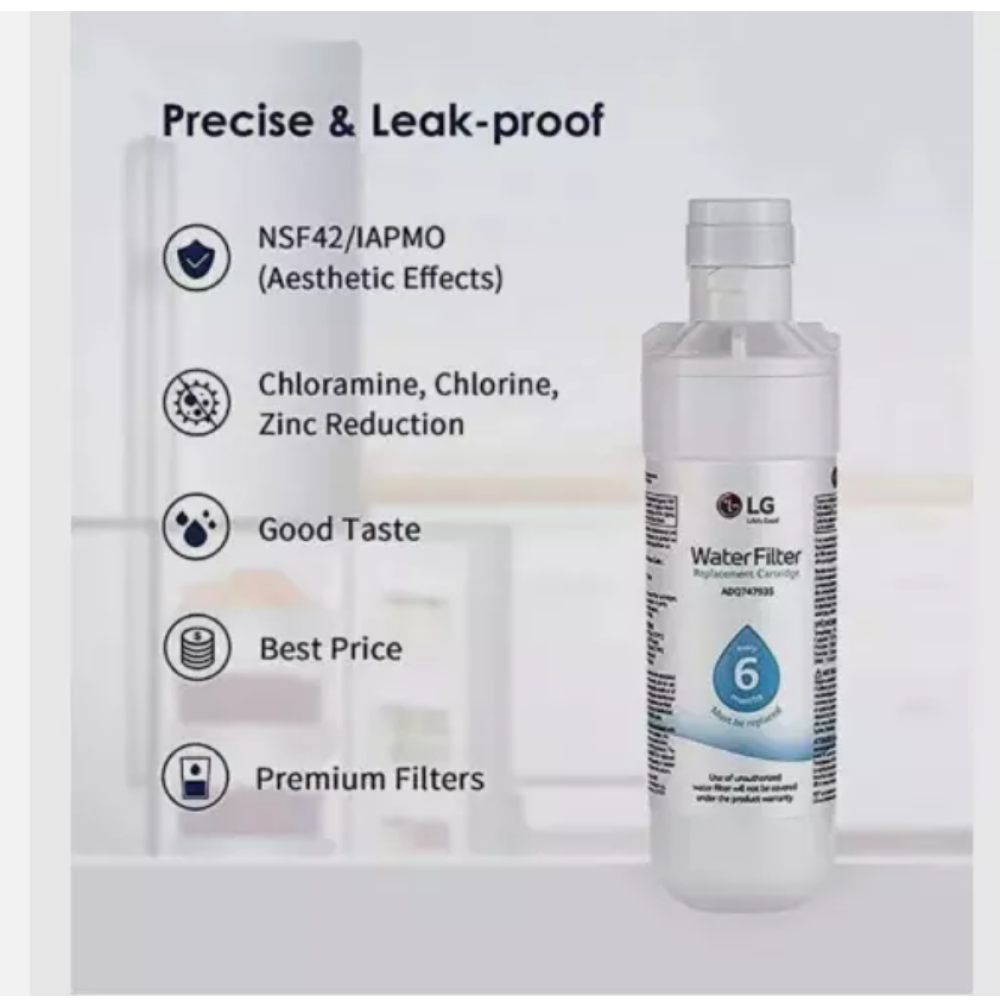 Das Bild zeigt einen LG-Wasserfilter mit Funktionen wie NSF42, Chloraminreduzierung und gutem Geschmack. Text sagt präzise und auslaufsicher.