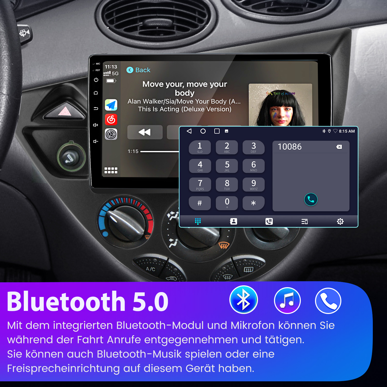 Autoradio mit Bluetooth 5.0, Telefonwählbildschirm und Musik-Player-Oberfläche. Enthält eine Wähltastatur und Zeitanzeige.