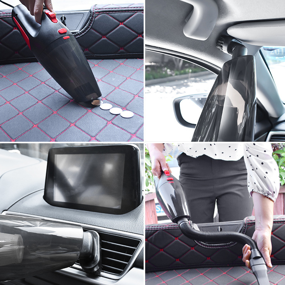 Ein Handstaubsauger wird in einem Auto verwendet. Er reinigt schwarze Sitze mit roten Nähten. Münzen liegen auf dem Sitz.