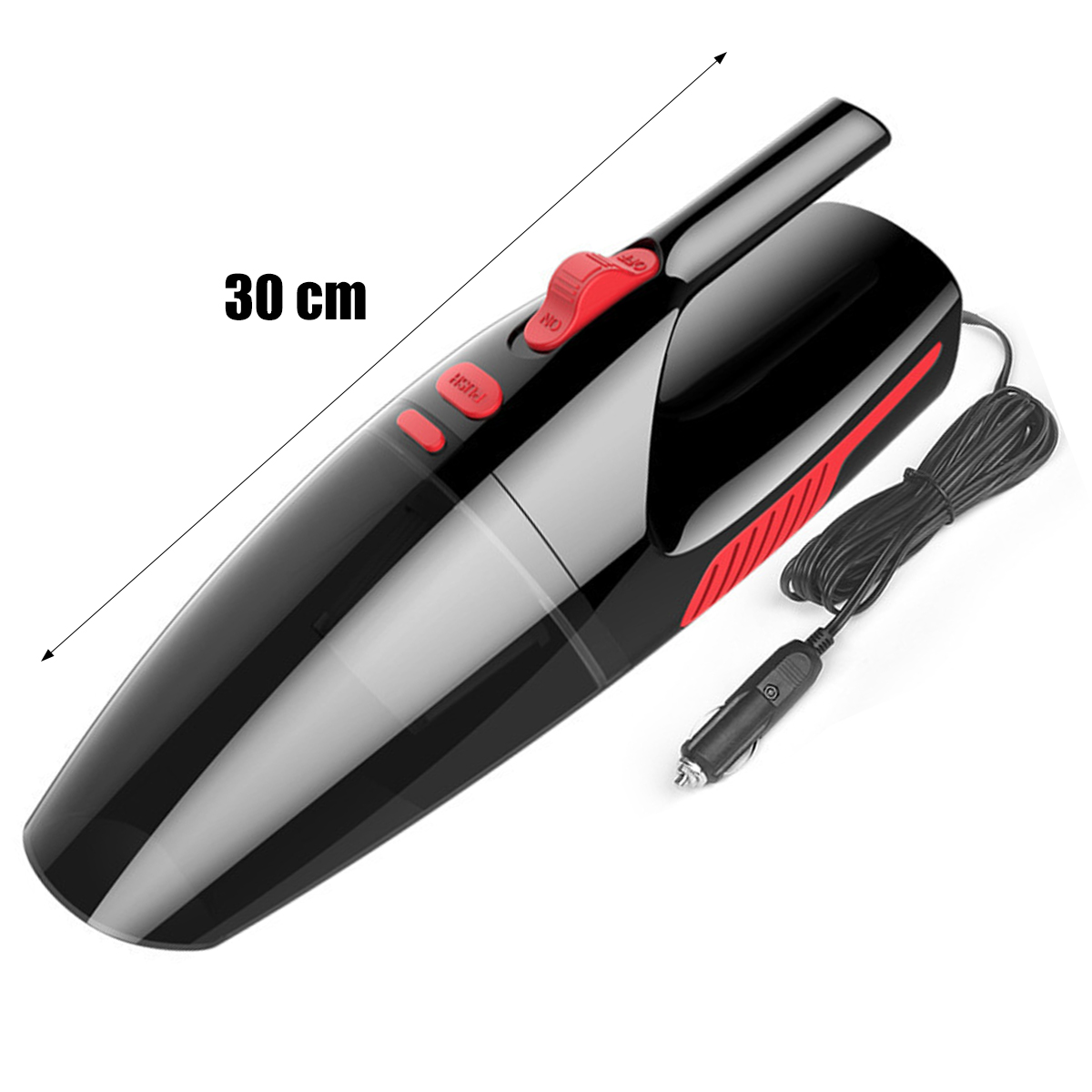Schwarzer Autostaubsauger mit roten Akzenten, 30 cm lang, mit Netzkabel und Autoladeadapter.