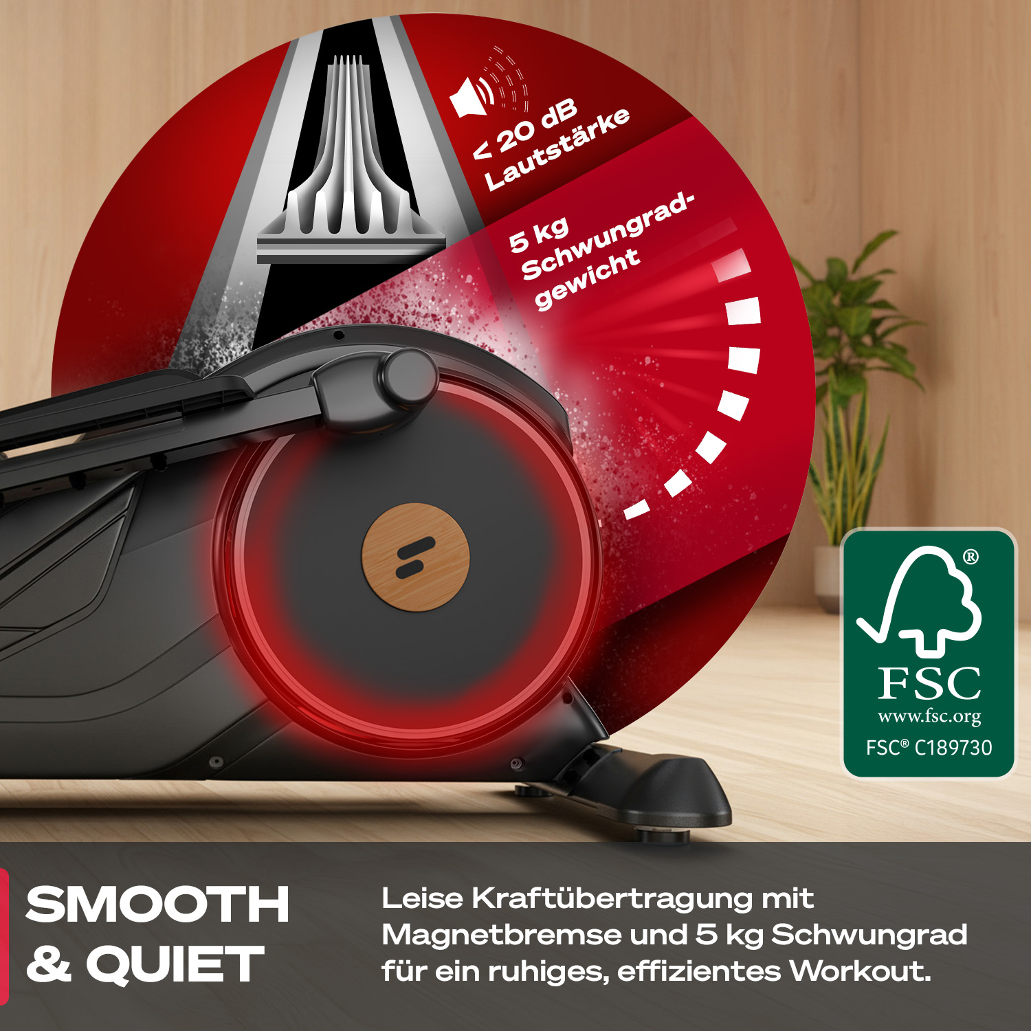Ein Heimtrainer mit roten Akzenten und Text, der Funktionen wie ruhigen Betrieb und ein 5 kg Schwungrad hervorhebt.