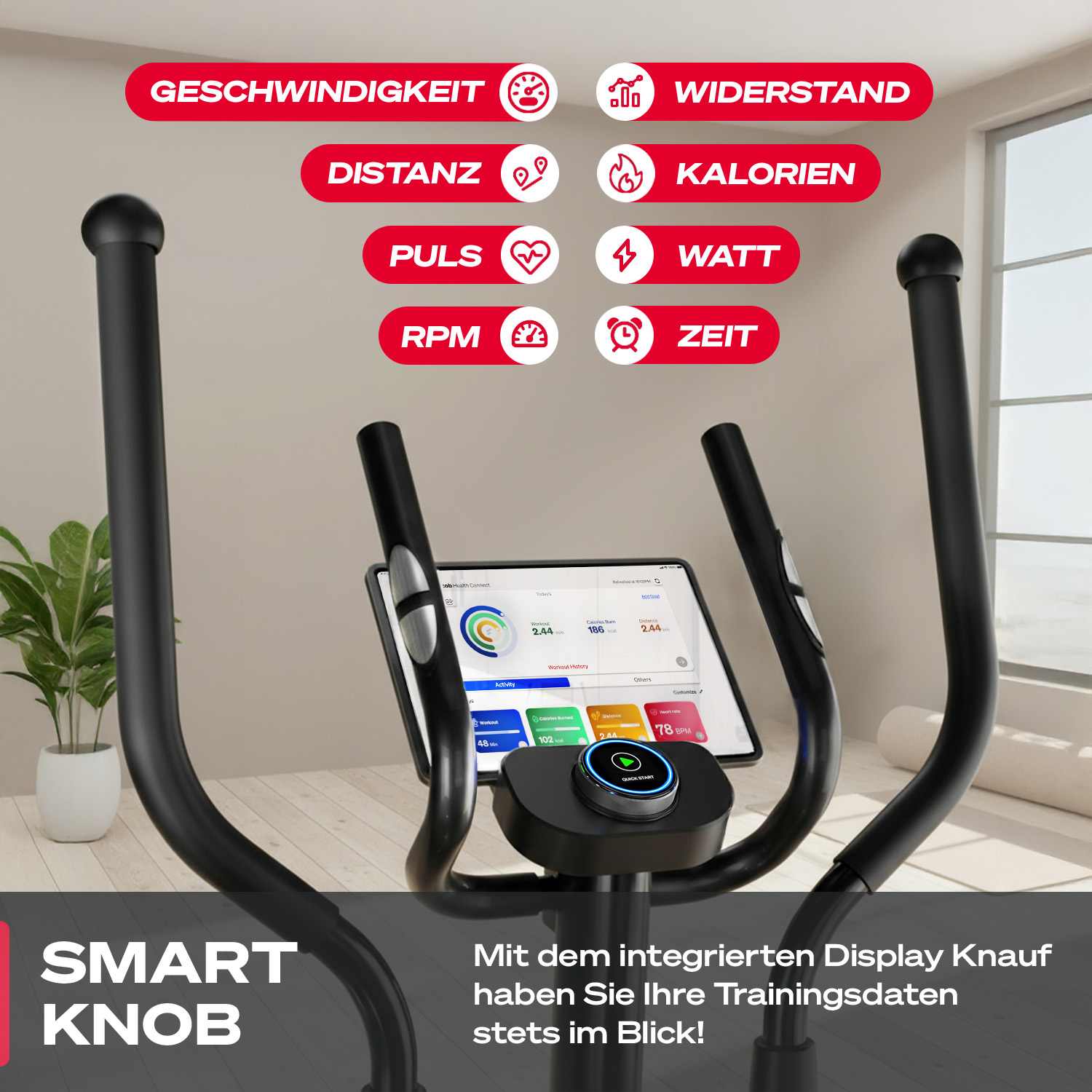 Ein Trainingsfahrrad mit Display, das Trainingsdaten anzeigt. Verschiedene Trainingsstatistiken werden mit deutschen Textbezeichnungen angezeigt.