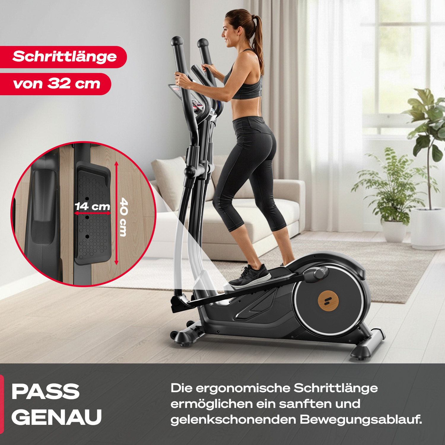 Frau trainiert auf einem Crosstrainer. Die Maschine ist schwarz. Text zeigt die Schrittlänge als 32 cm. Die Frau ist in einem Wohnzimmer.