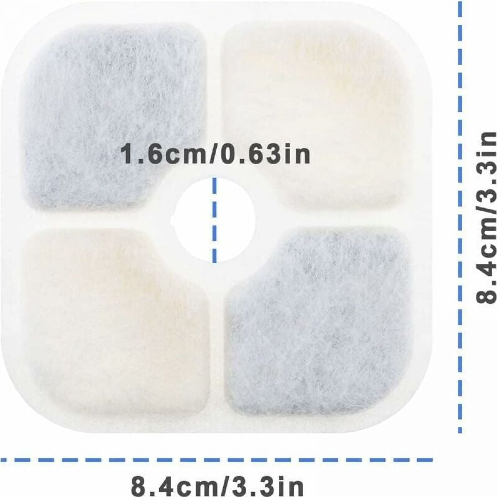 Ein weißer Filter mit vier verschiedenfarbigen Abschnitten: grau, beige und weiß. Die Abmessungen sind mit 8,4 cm/3,3 Zoll und 1,6 cm/0,63 Zoll angegeben.