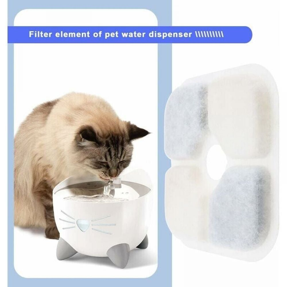 Eine Katze trinkt Wasser aus einem weißen Wasserspender für Haustiere. Ein Filterelement wird neben dem Spender angezeigt.