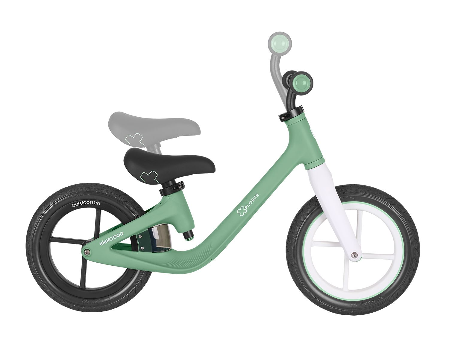 Ein grünes und weißes Laufrad mit schwarzen Reifen und Sitz. Das Fahrrad hat einen grünen Rahmen, weiße Räder und einen schwarzen Sitz.