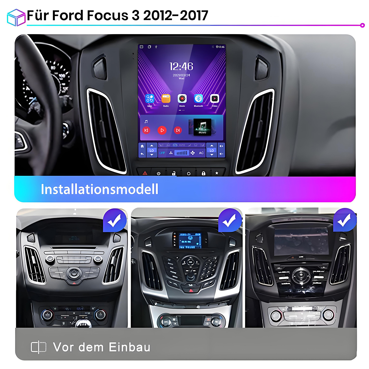 Ein Armaturenbrett mit neuem Bildschirm. Drei Vergleichsbilder zeigen das Vorher-Nachher-Aussehen. Der Bildschirm zeigt die Uhrzeit.