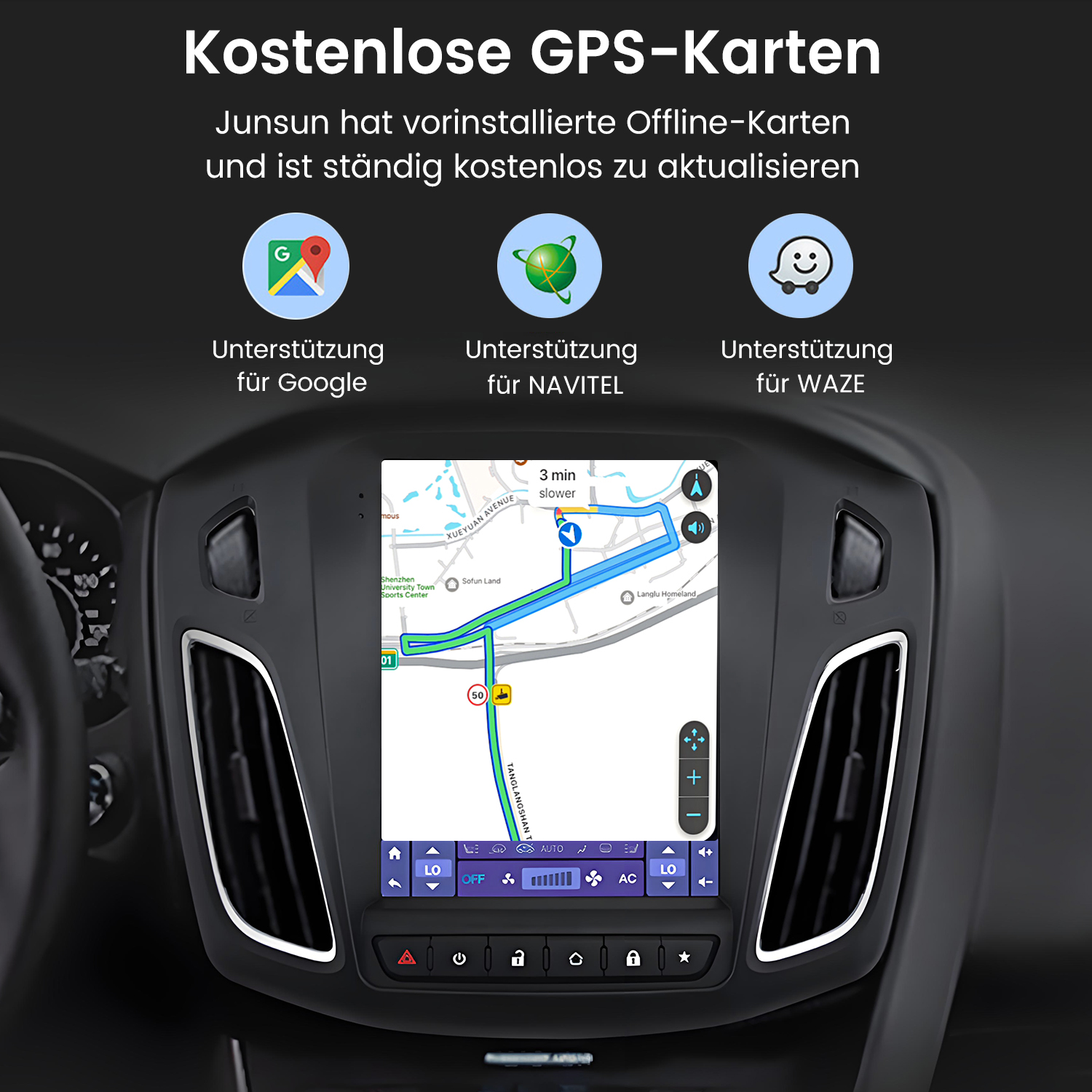 Auto-Armaturenbrett mit Navigationskarte und Unterstützungssymbolen für Google, Navitel und Waze. Texte auf Deutsch.