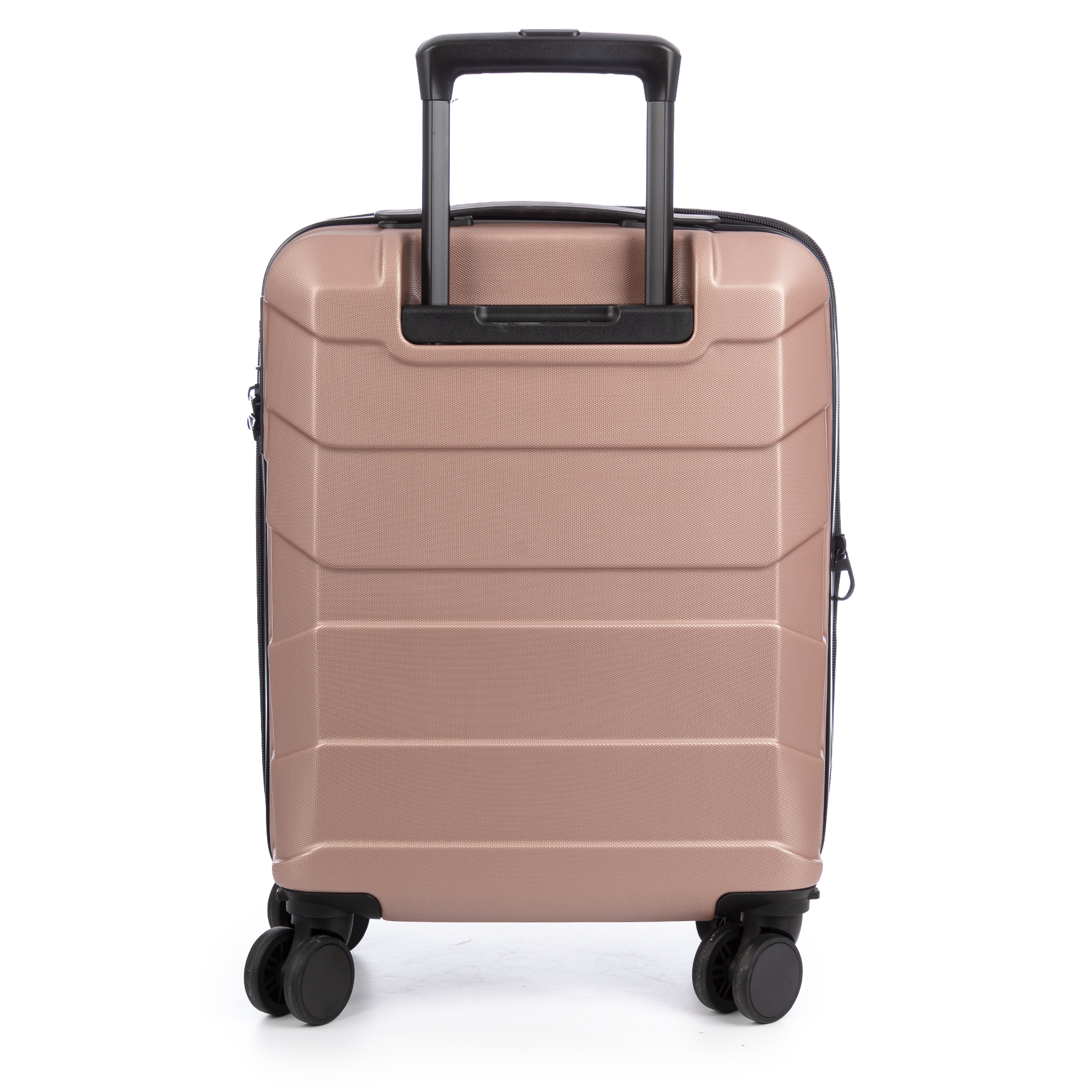 Una valigia oro rosa con manico retrattile e quattro ruote nere, su sfondo bianco.