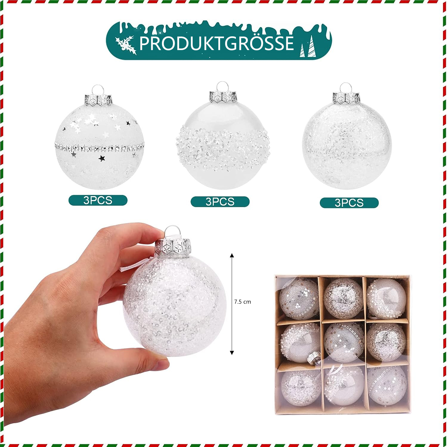 Das Bild zeigt Weihnachtsschmuck. Es gibt drei Sätze von jeweils drei Ornamenten. Eine Hand hält ein Ornament. Die Box befindet sich unten rechts.
