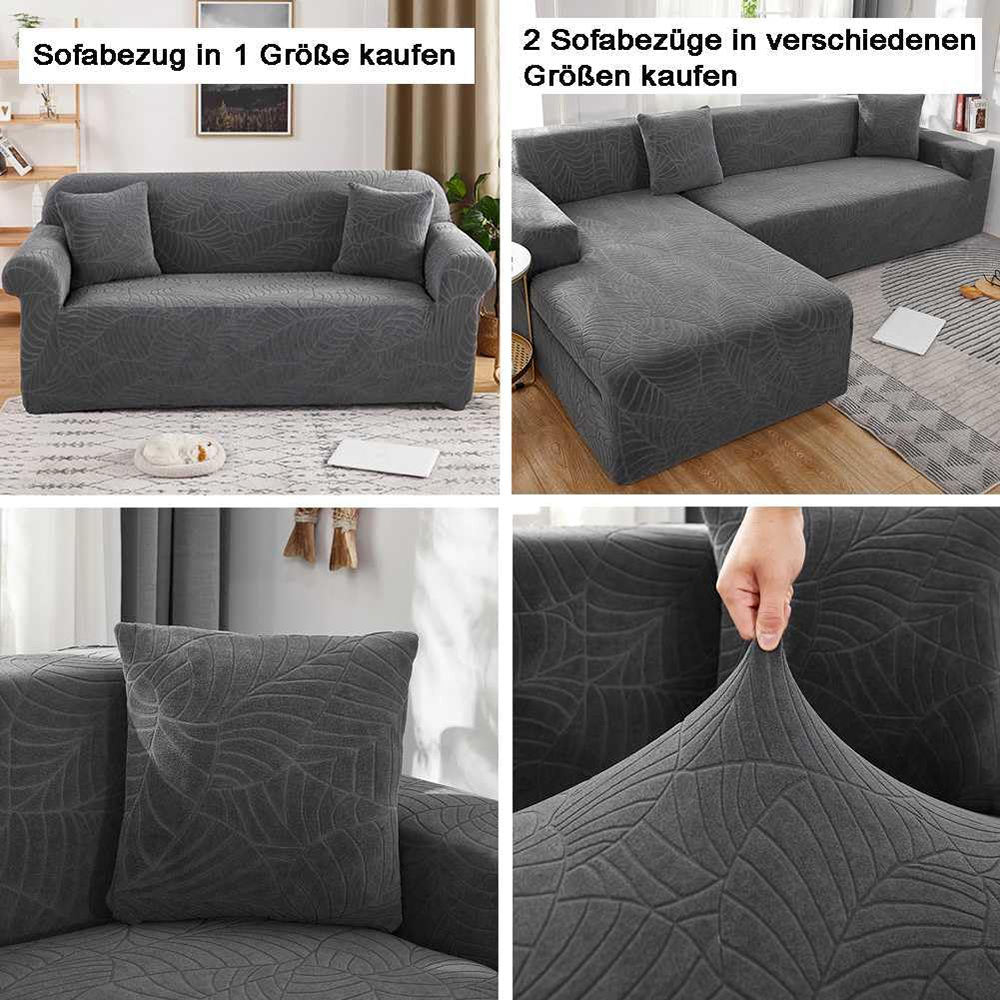 Das Bild zeigt Sofabezüge in verschiedenen Größen und Stilen. Sie sind grau, mit Blattmustern. Verschiedene Blickwinkel werden gezeigt.