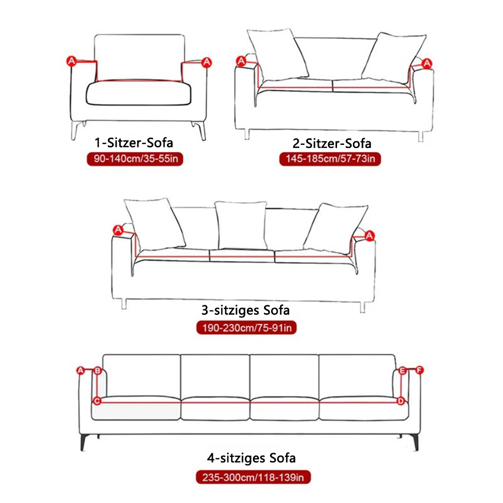 Diagramm der Sofagrößen. Enthält 1-Sitzer-, 2-Sitzer-, 3-Sitzer- und 4-Sitzer-Sofas mit Abmessungen in cm/Zoll.