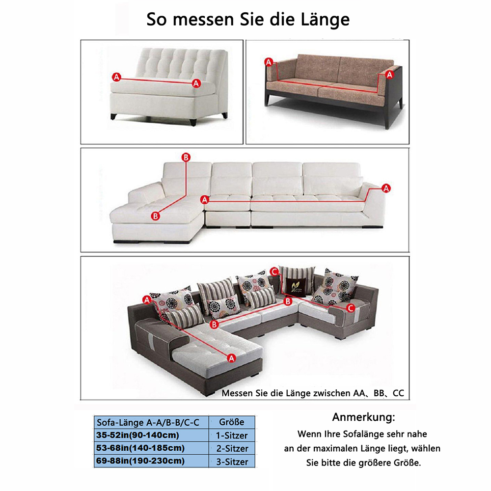 Diagramm zur Messung von Sofalängen, mit Beispielen und einer Größentabelle zur Orientierung.