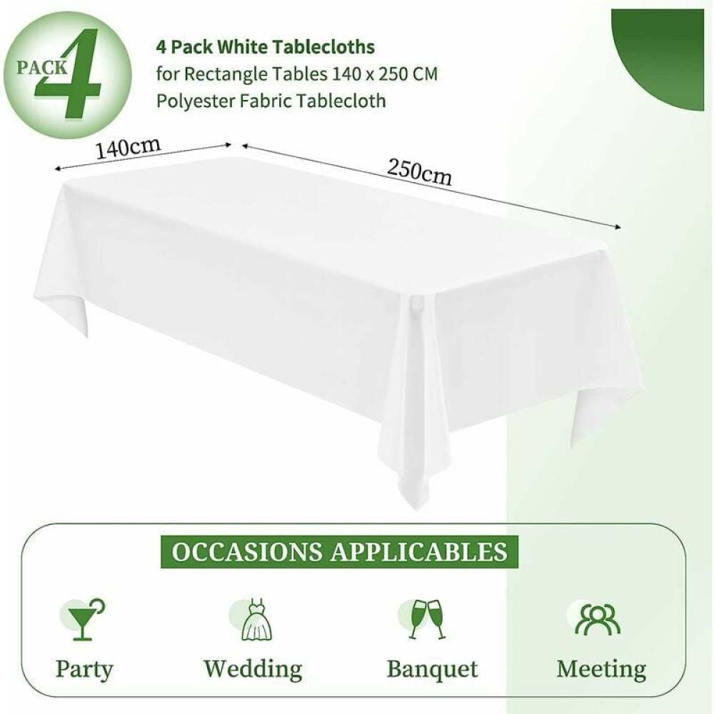 Ein weißes Tischtuch auf einem Tisch. Der Text gibt an, dass es für rechteckige Tische mit 140x250cm geeignet ist. Anlässe: Party, Hochzeit, Bankett, Meeting.