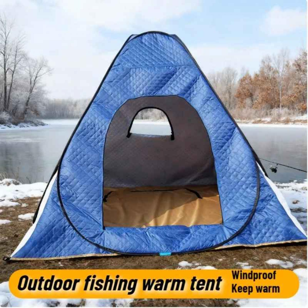 Ein blaues Angelzelt steht im Schnee in der Nähe eines Sees. Bäume säumen den Hintergrund. Der Text lautet 'Outdoor Fishing Warm Tent'.