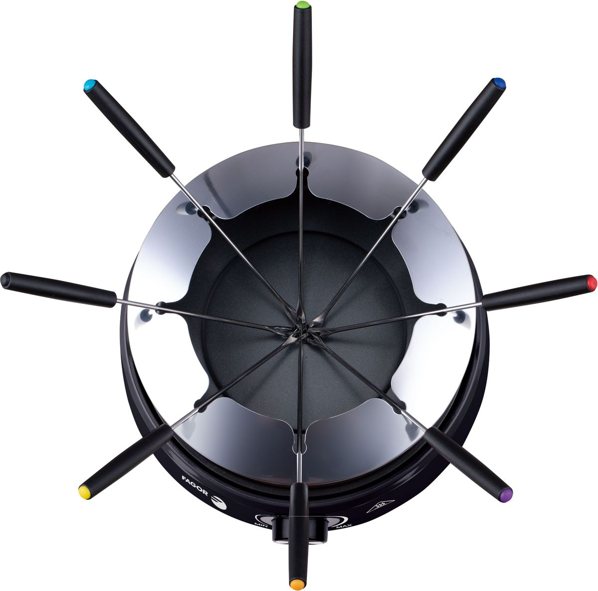 Ein Fondue-Set von oben. Es hat eine schwarze Basis mit acht Gabeln mit verschiedenfarbigen Spitzen, die um einen zentralen Topf angeordnet sind.