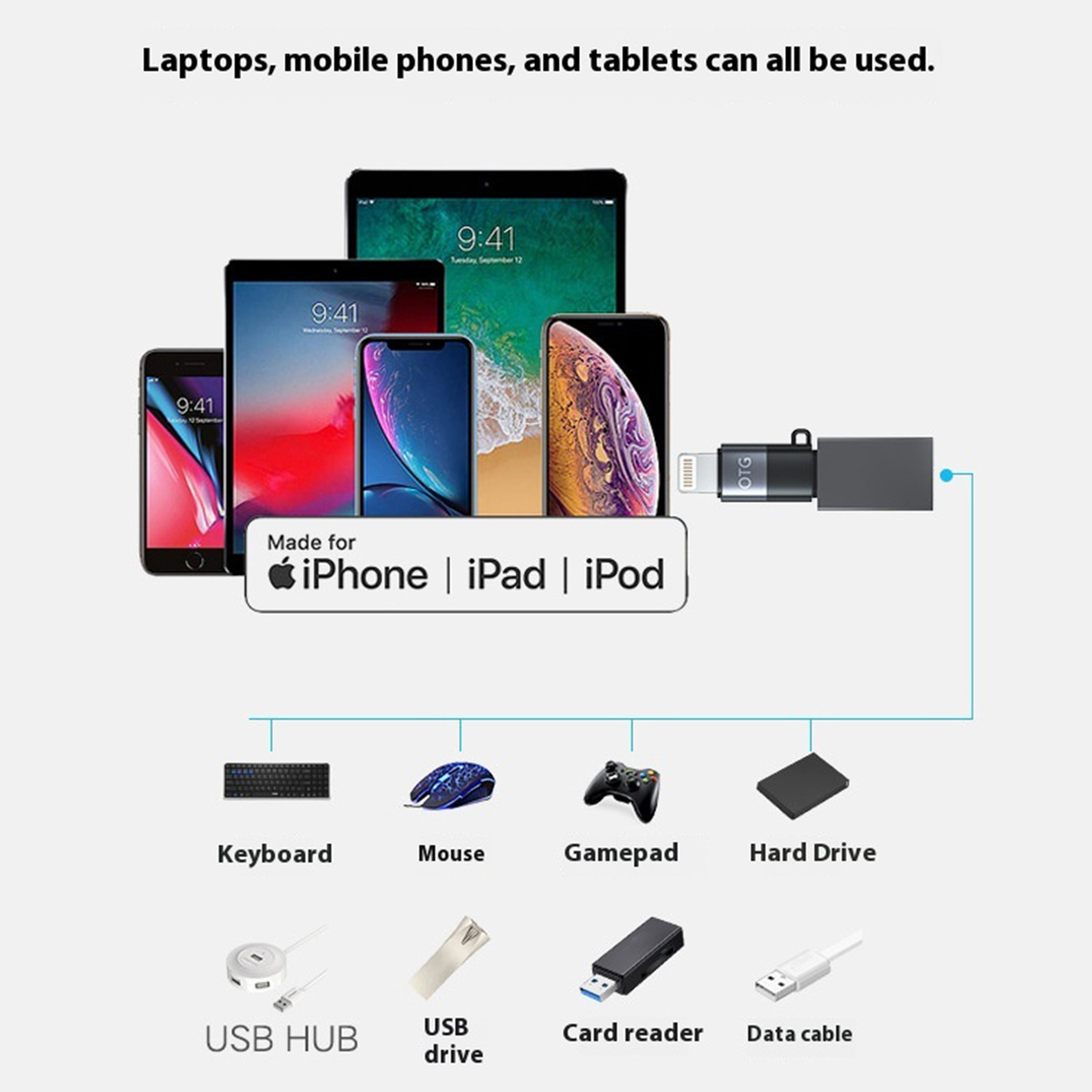 Das Bild zeigt Handys, Tablets und Zubehör wie Tastatur, Maus, Gamepad, Festplatte, USB-Hub, Laufwerk, Kartenleser und Datenkabel.