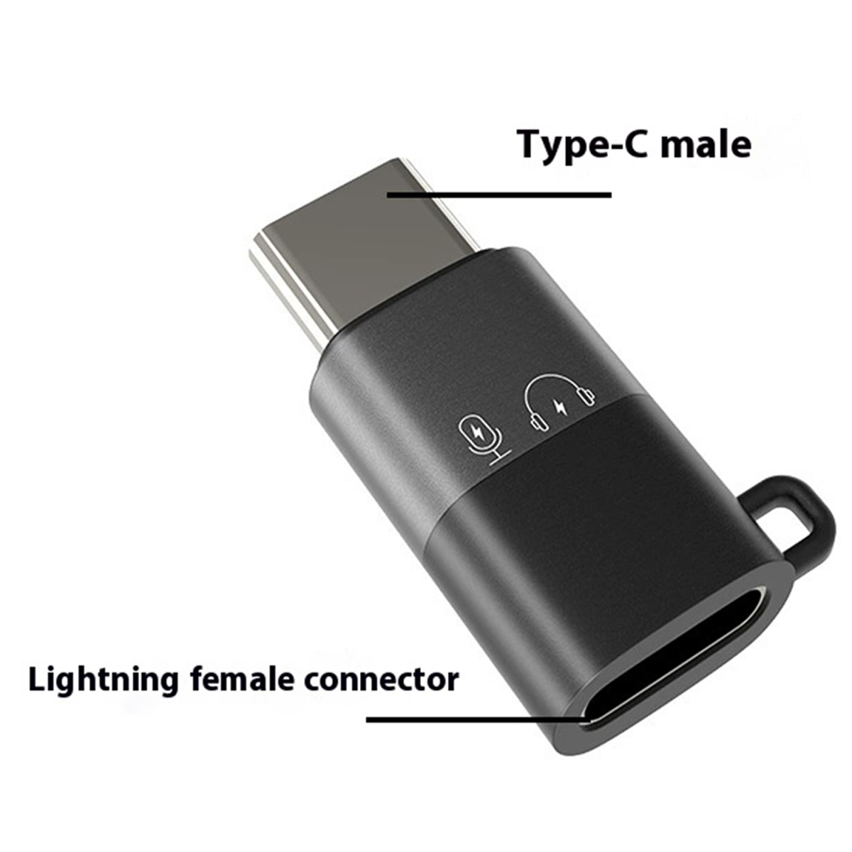 Schwarzer Adapter mit Typ-C-Stecker und Lightning-Buchsen. Er hat Symbole für Mikrofon und Kopfhörer, und eine kleine Schlaufe.