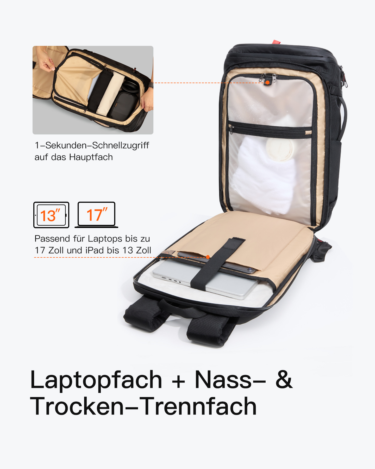 Schwarzer Rucksack geöffnet, mit Fächern für Laptop und andere Gegenstände. Text besagt, dass er für bis zu 17" Laptops und 13" iPads passt.