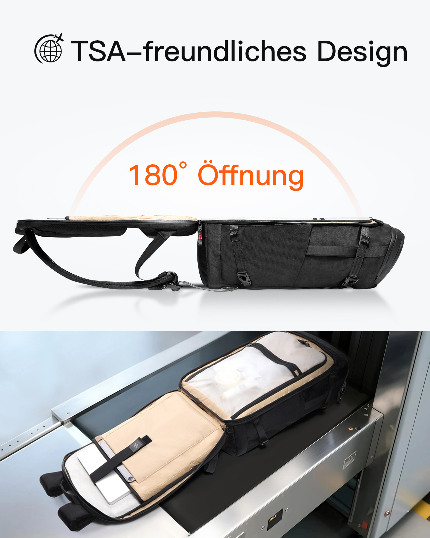 Schwarzer Rucksack flach geöffnet, Innenraum sichtbar. Auf einem Förderband geht er durch einen Sicherheitsscanner. Text: TSA-freundliches Design, 180° Öffnung.