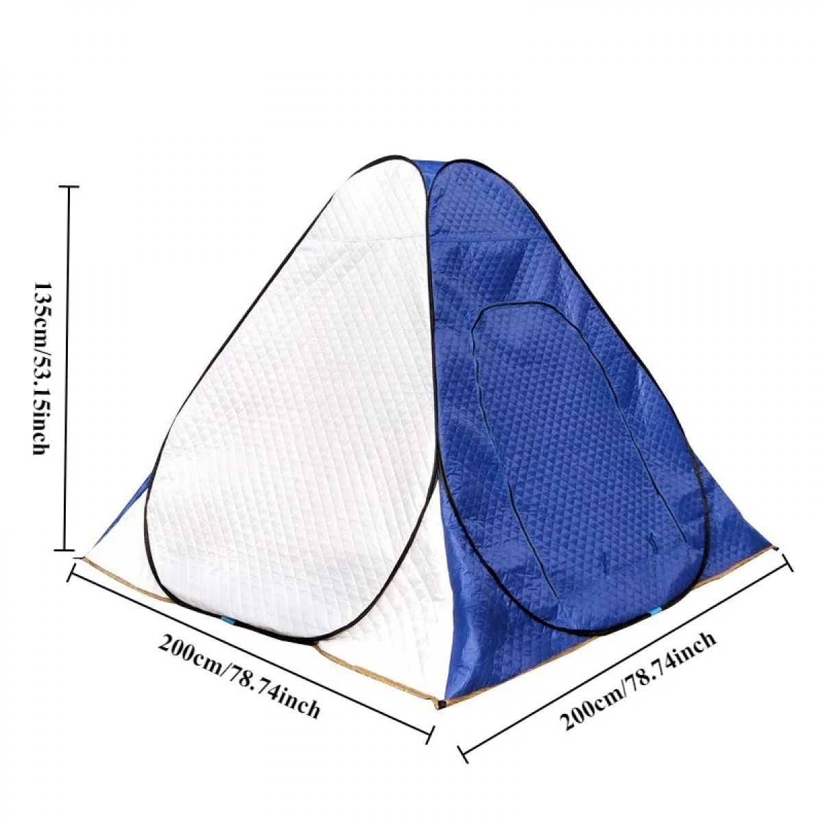 Ein Pop-up-Saunazelt. Es ist weiß und blau, mit angegebenen Abmessungen. Abmessungen sind: 135 cm/53,15 Zoll, 200 cm/78,74 Zoll.