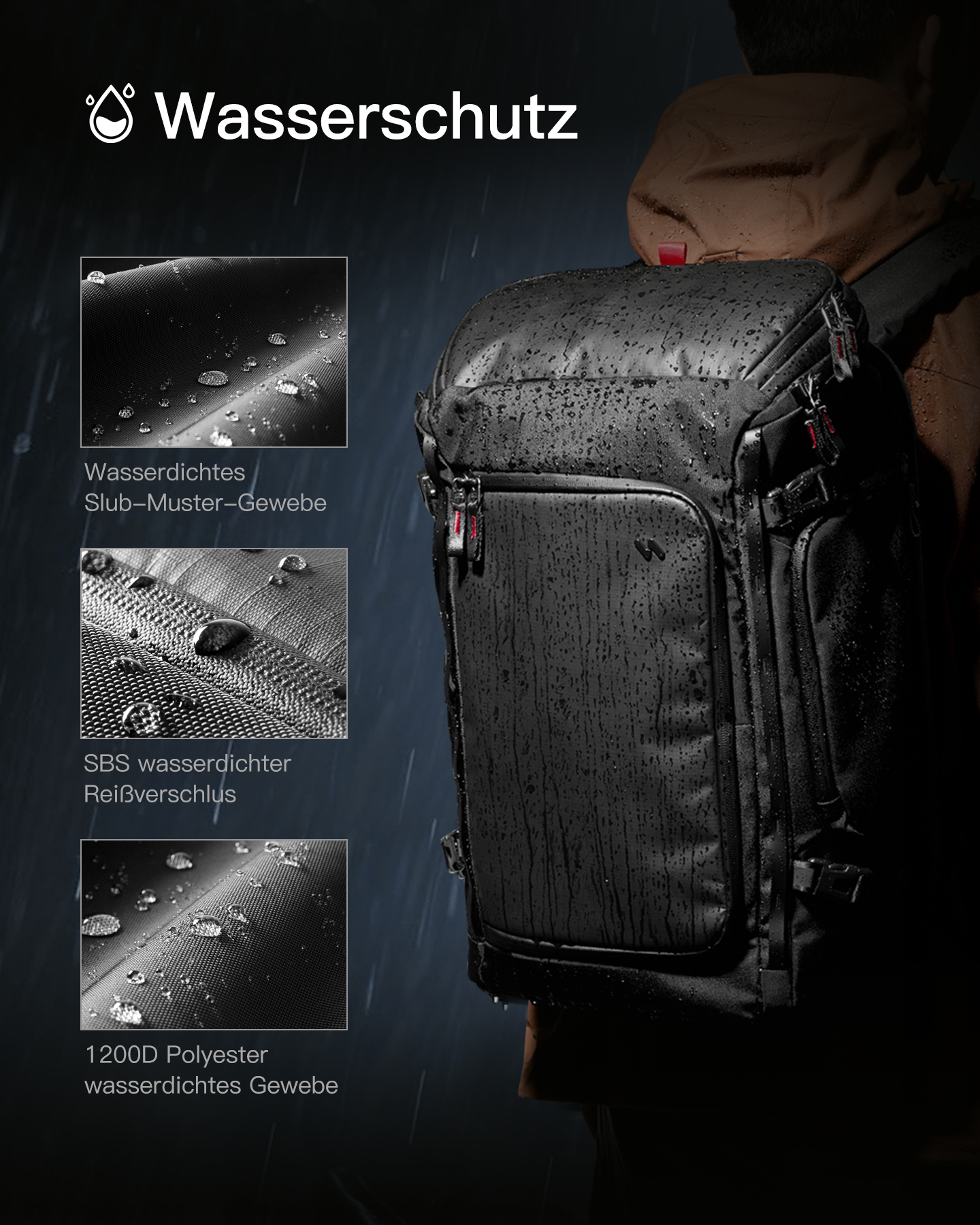 Ein schwarzer, wasserdichter Rucksack wird im Regen gezeigt. Nahaufnahmen zeigen wasserdichte Materialien und Reißverschlüsse. Das Wort 'Wasserschutz' steht oben.