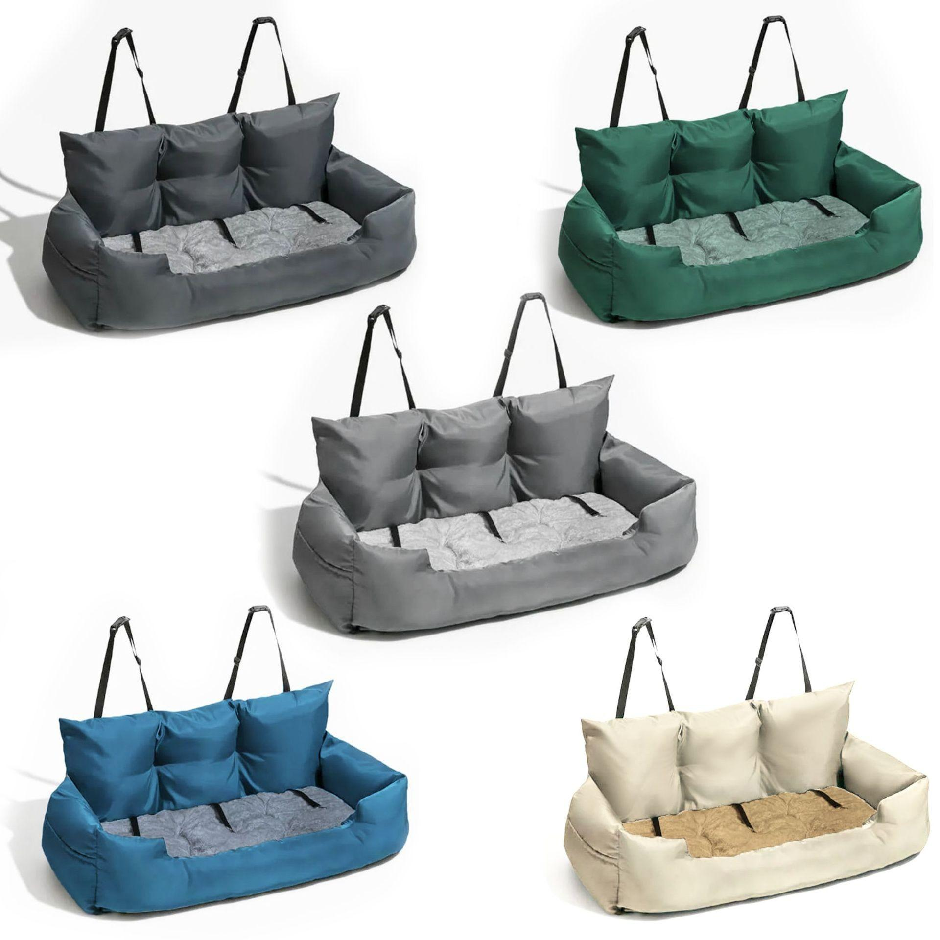 Fünf Hundesitze in verschiedenen Farben: Grau, Grün, Grau, Blau und Beige. Jeder hat eine Kissenlehne und Träger.