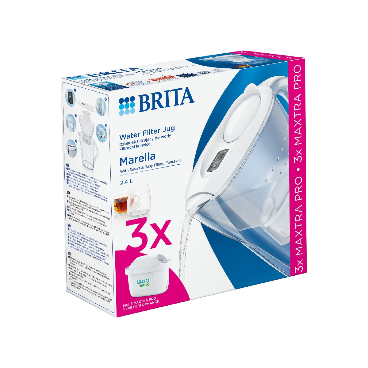 Pudełko filtra do wody Brita. Pudełko przedstawia dzbanek, filtr i szklankę wody, ze słowami 'Marella' i 'MAXTRA PRO'.