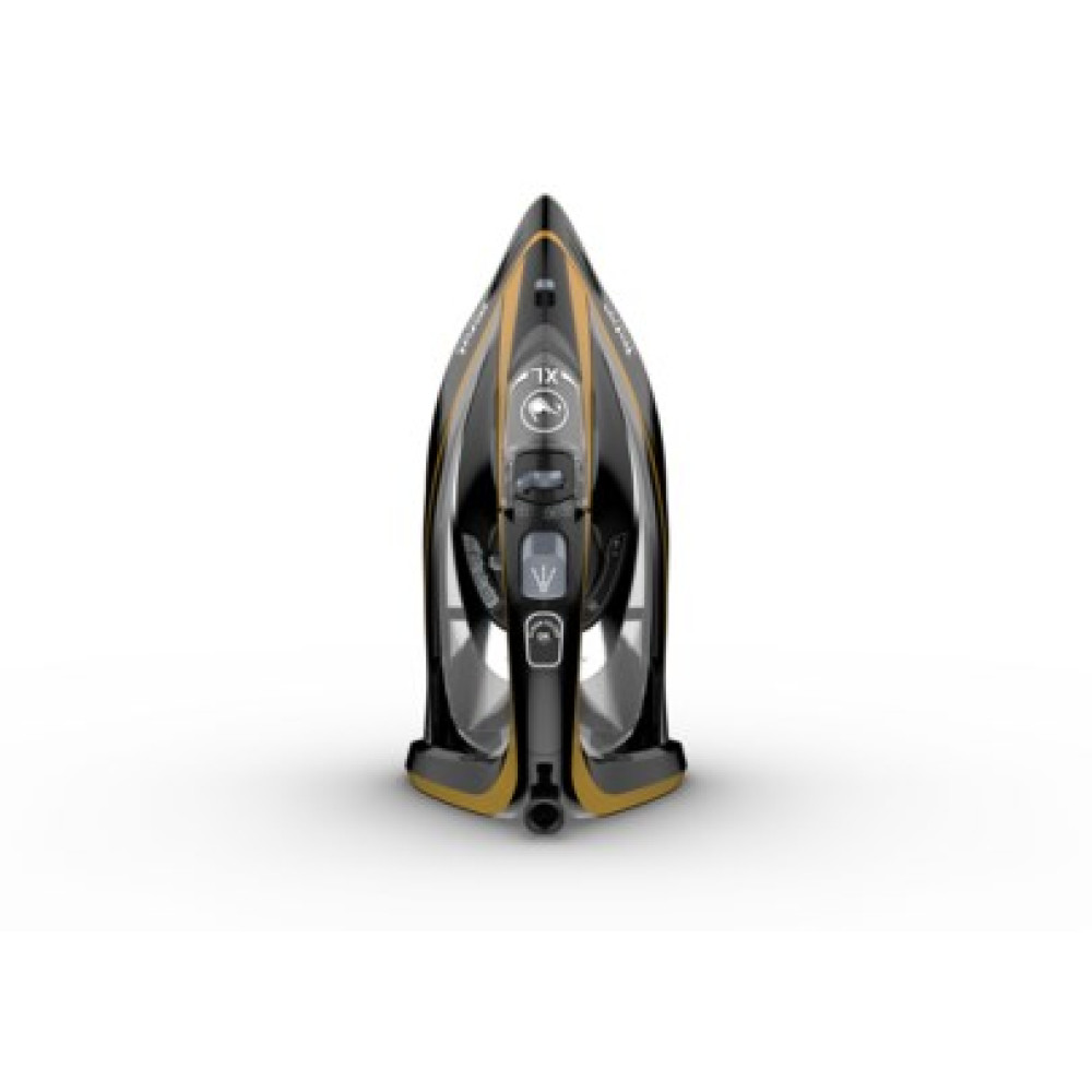 Czarne i złote żelazko jest wyśrodkowane na białym tle. Żelazko ma spiczasty przód i zaokrągloną podstawę.