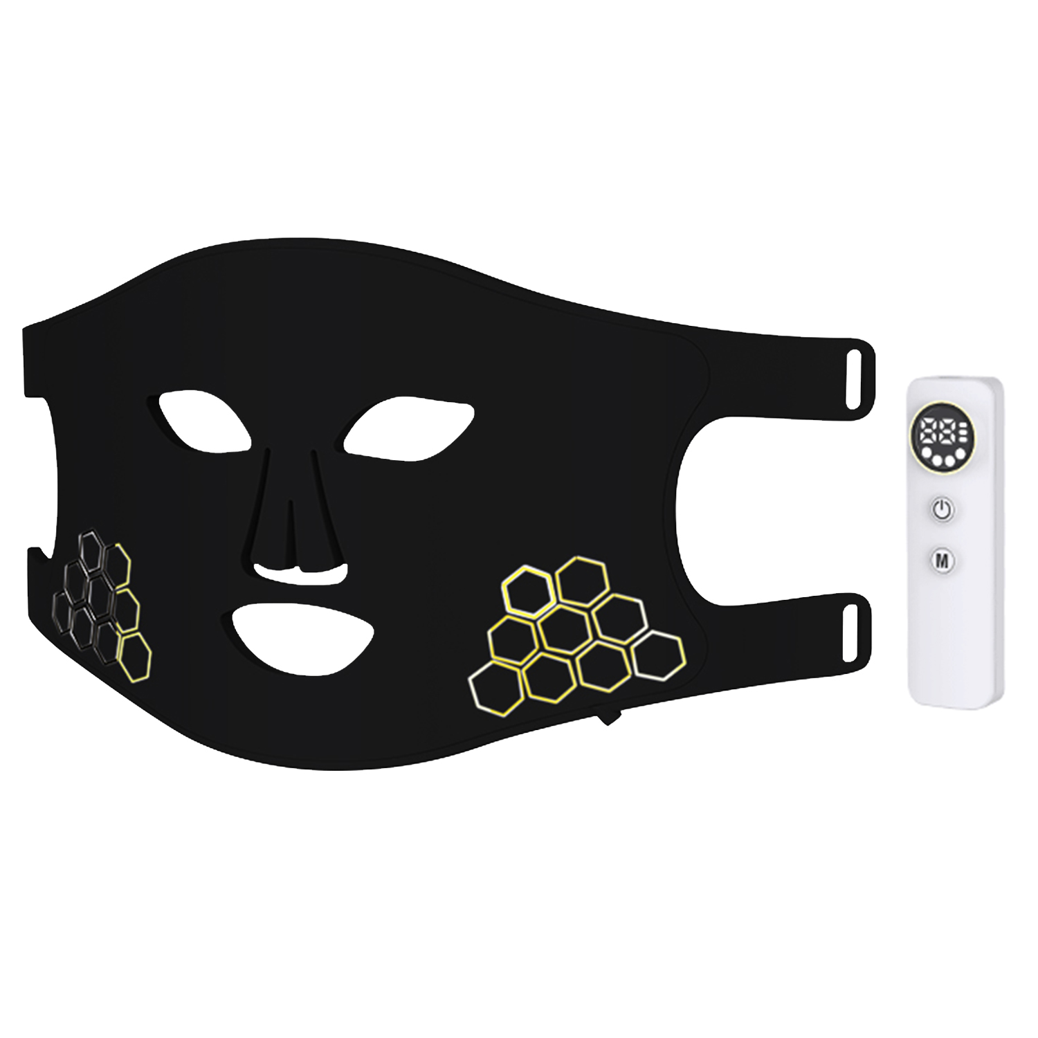 Schwarze Gesichtsmaske mit Augen-, Nasen- und Mundlöchern. Mit Fernbedienung. Gelbe Wabenmuster auf der Maske.