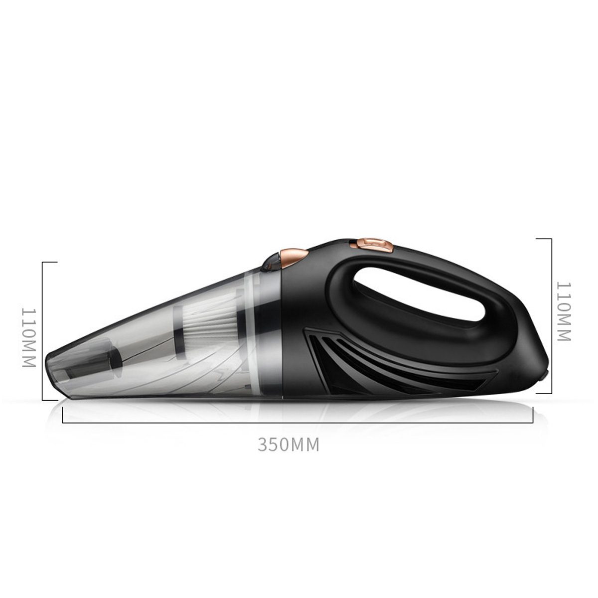 Ein schwarzer und transparenter Handstaubsauger, Abmessungen 110 mm x 350 mm. Mit Griff und Filterbereich, isoliert auf Weiß.