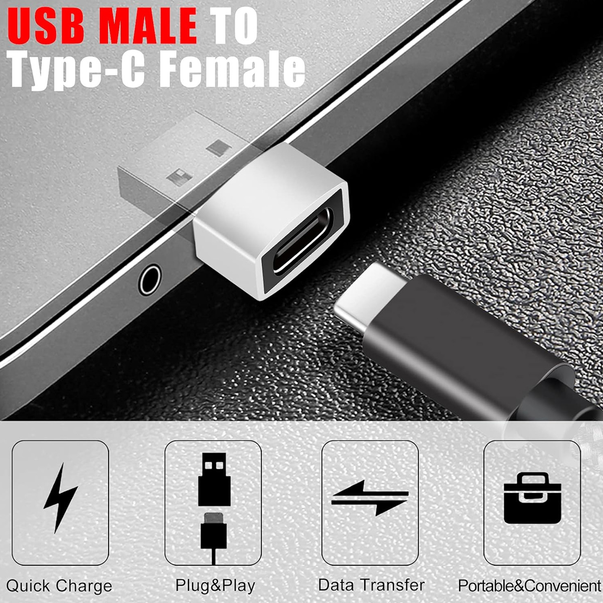 USB-Male-auf-Typ-C-Buchse-Adapter. Silberner Adapter, Laptop verbunden. Schwarzes Kabel mit weißem Typ-C-Stecker.