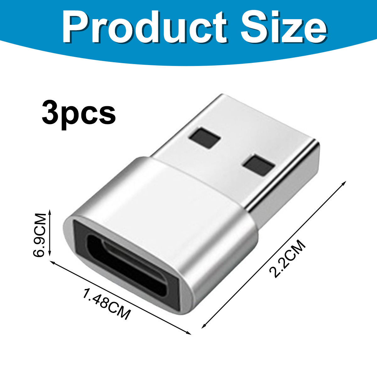 Ein silberner USB-Adapter. Text: 'Produktgröße', '3 Stück' und Abmessungen: 6,9 cm, 1,48 cm und 2,2 cm. Schwarzer Hintergrund.