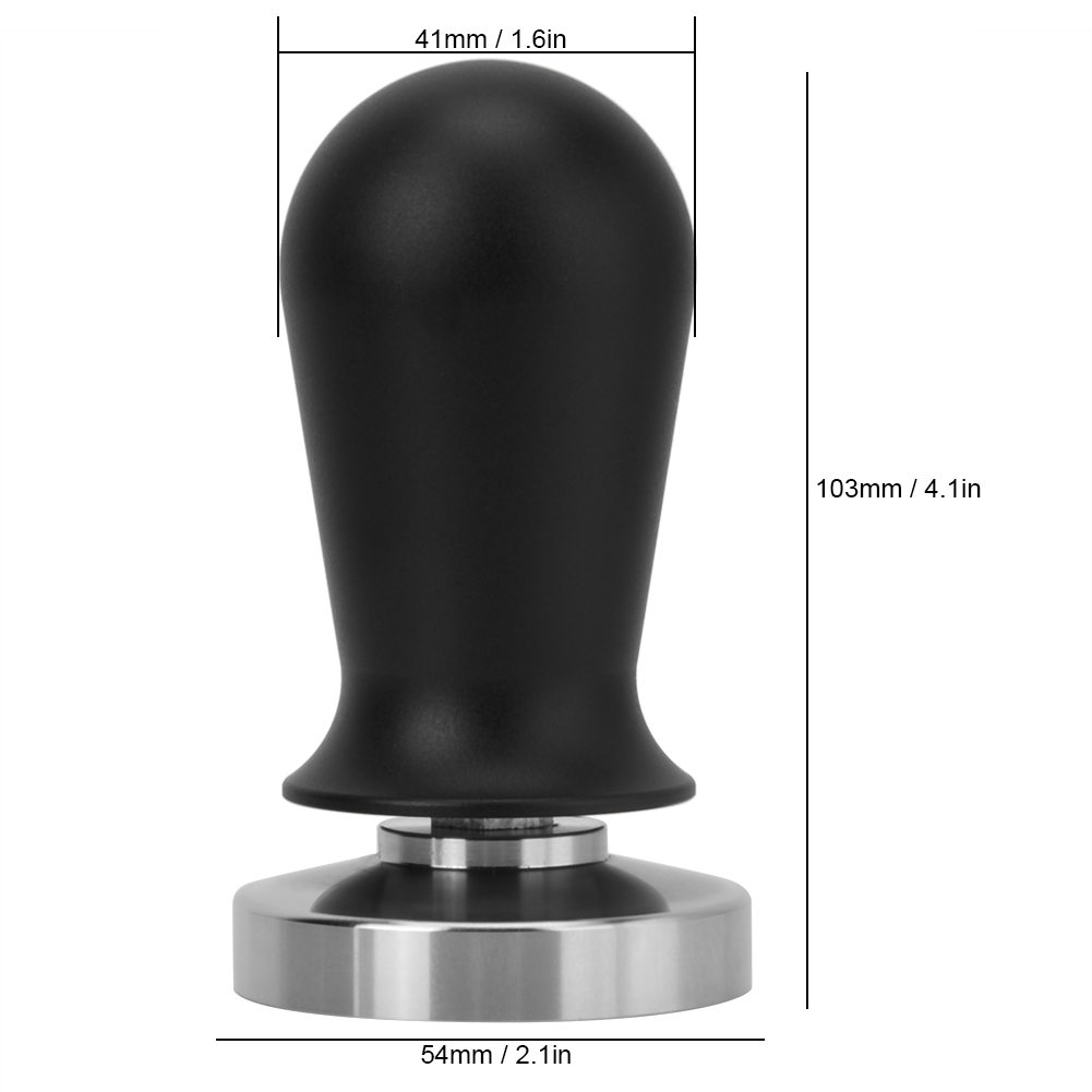 Ein Kaffeetampfer. Er hat einen schwarzen Griff und eine silberne Basis. Abmessungen sind beschriftet: 41 mm/1,6 Zoll, 103 mm/4,1 Zoll und 54 mm/2,1 Zoll.