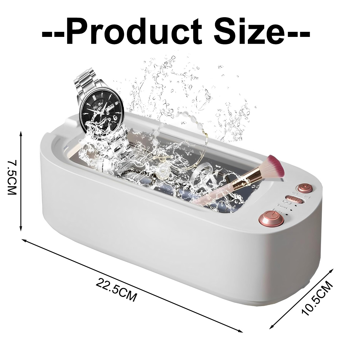 Ein weißer Ultraschallreiniger mit Uhr, Schmuck und Make-up-Pinsel. Produktgrößenetiketten sind ebenfalls vorhanden.