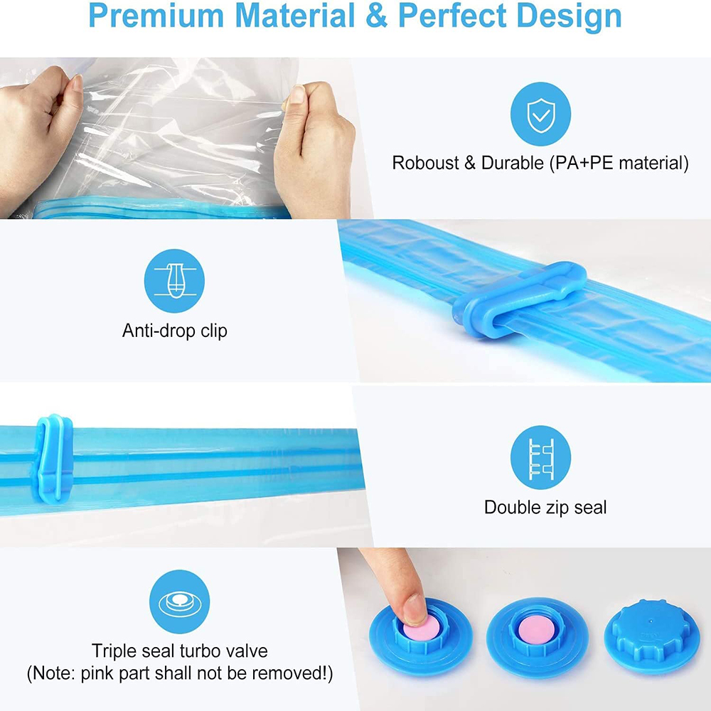 Das Bild zeigt Teile eines Vakuum-Aufbewahrungsbeutels: Hände, Clips, Reißverschlüsse und Turboventile. Text hebt Materialien und Design hervor.
