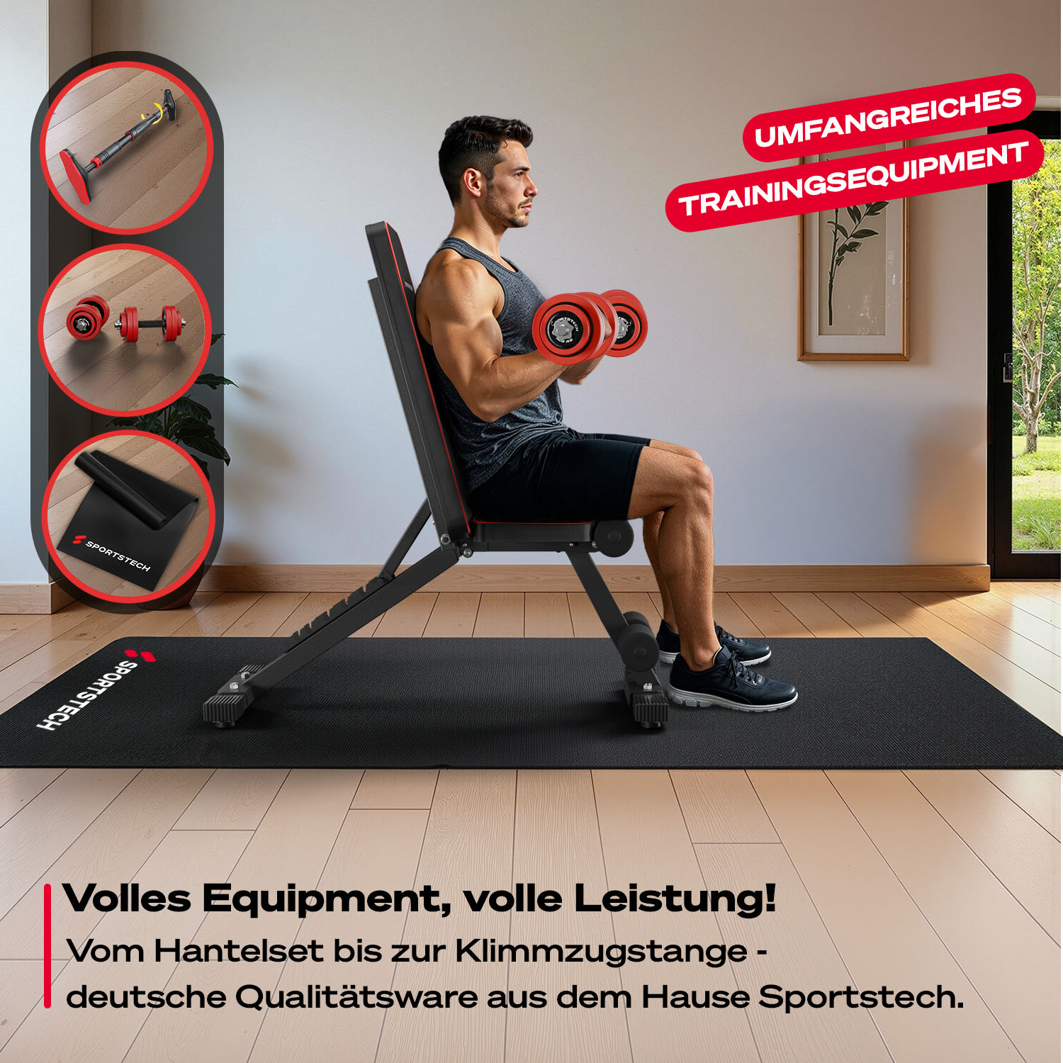 Mann trainiert mit Kurzhanteln auf einer Bank. Trainingsgeräte, einschließlich Klimmzugstange, Hanteln und Matte, sind ebenfalls sichtbar.