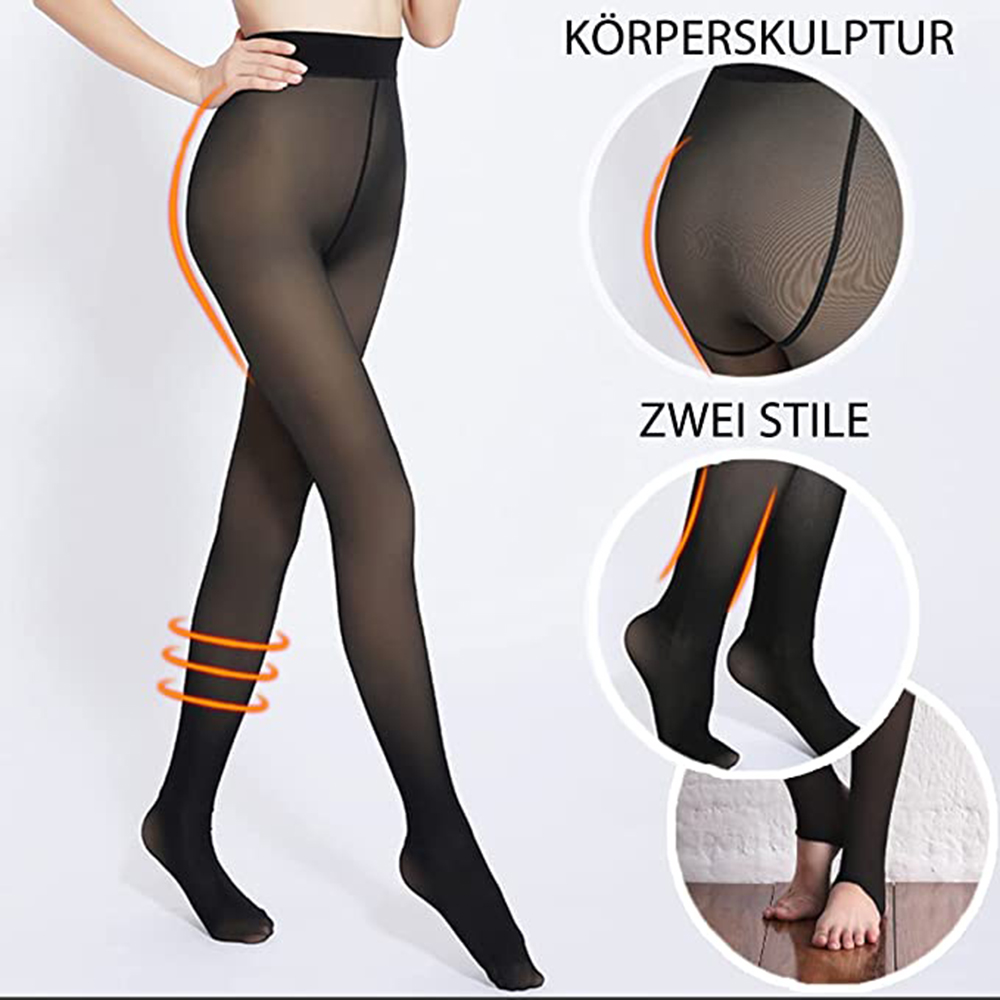 Eine Frau trägt schwarze Strumpfhosen. Zwei eingesetzte Bilder zeigen Details. Der Text auf Deutsch lautet "Körperskulptur" und "Zwei Stile".