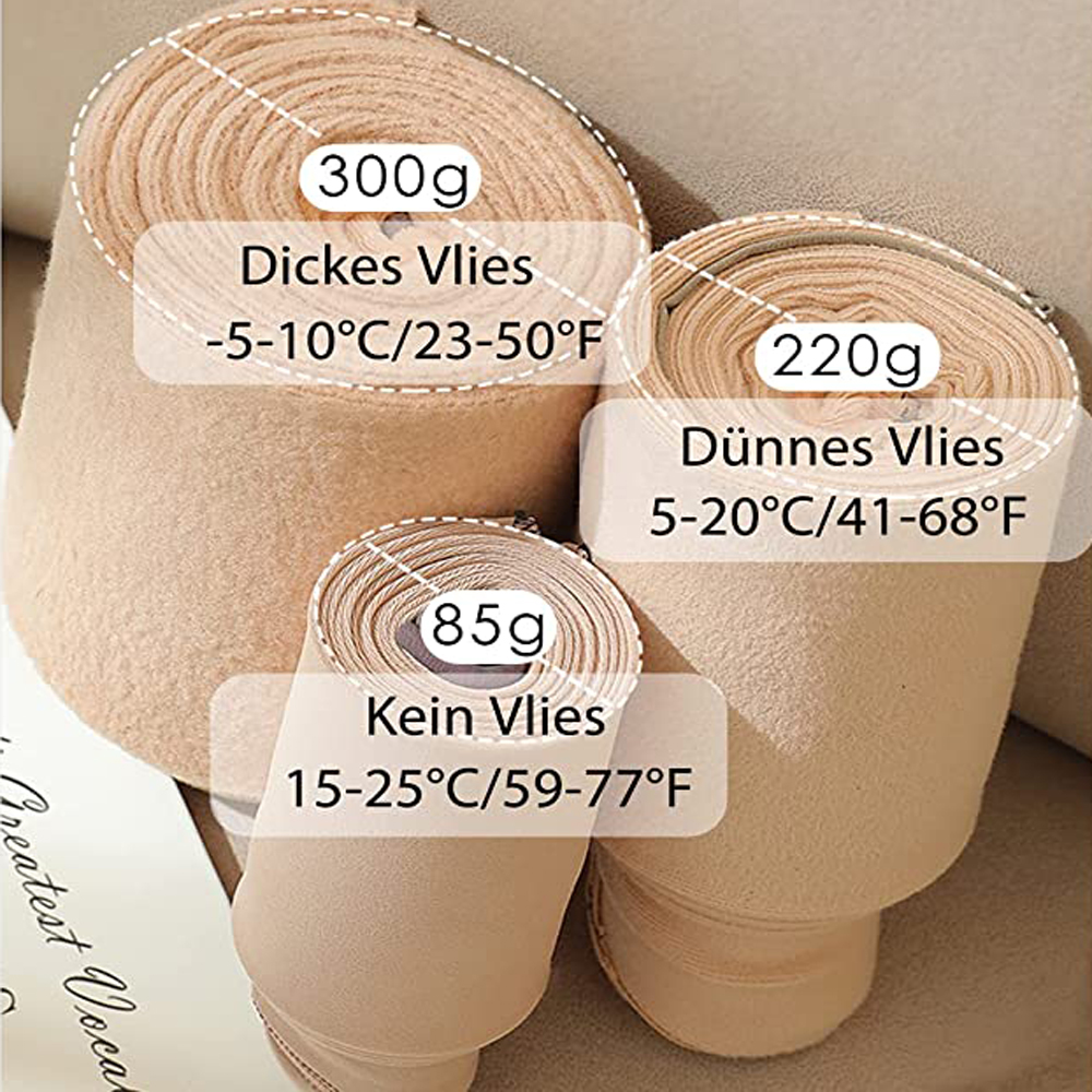 Drei Stoffrollen mit Etiketten, die Gewicht, Art und Temperaturbereich anzeigen. Beige Farbe, eng gerollt.