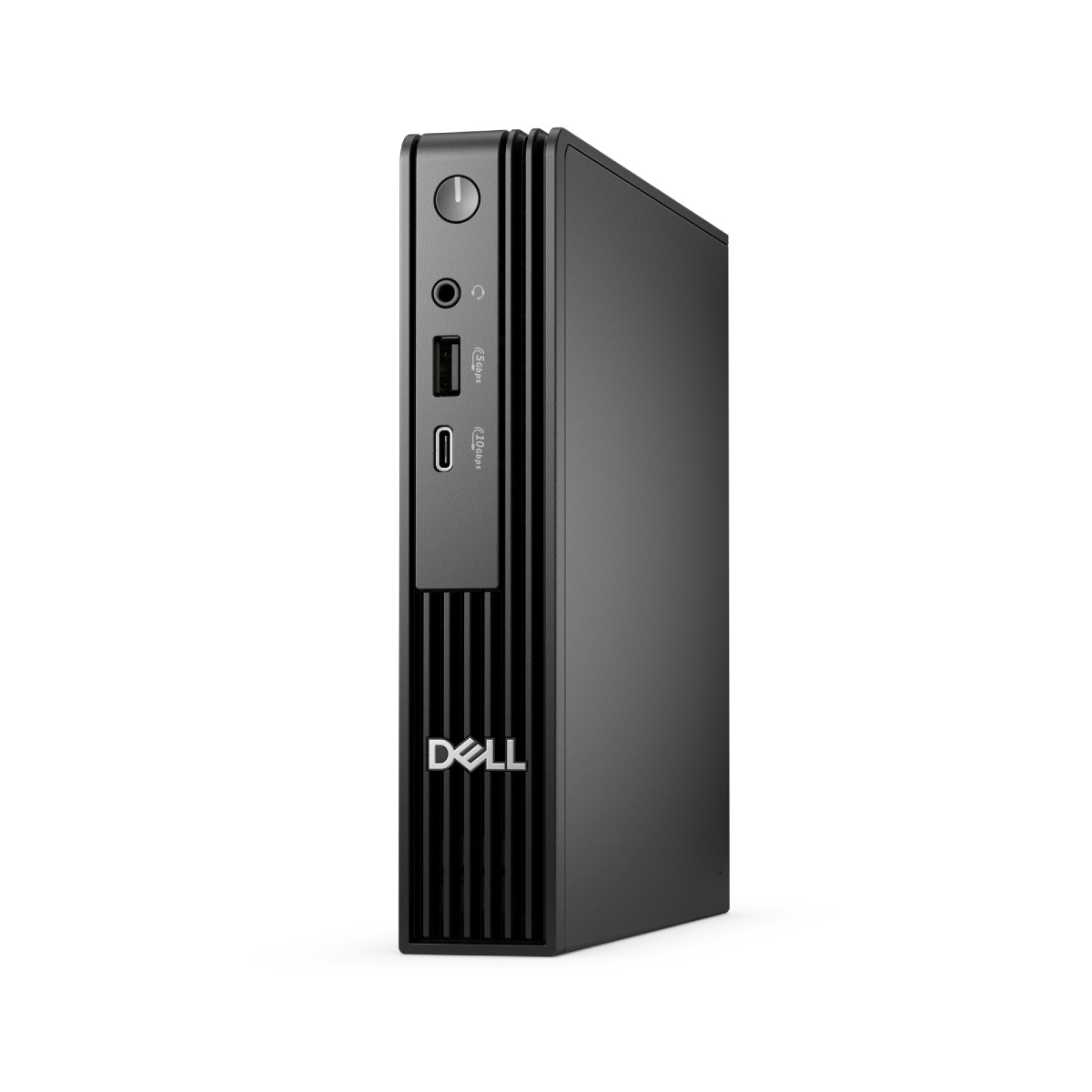 Een zwarte Dell desktopcomputer op een witte achtergrond. Het heeft een aan/uit-knop, audio-aansluiting, USB-poorten en een Dell-logo.