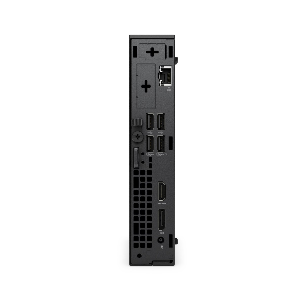 Een zwart computerapparaat met diverse poorten, waaronder USB, HDMI en Ethernet, tegen een witte achtergrond.