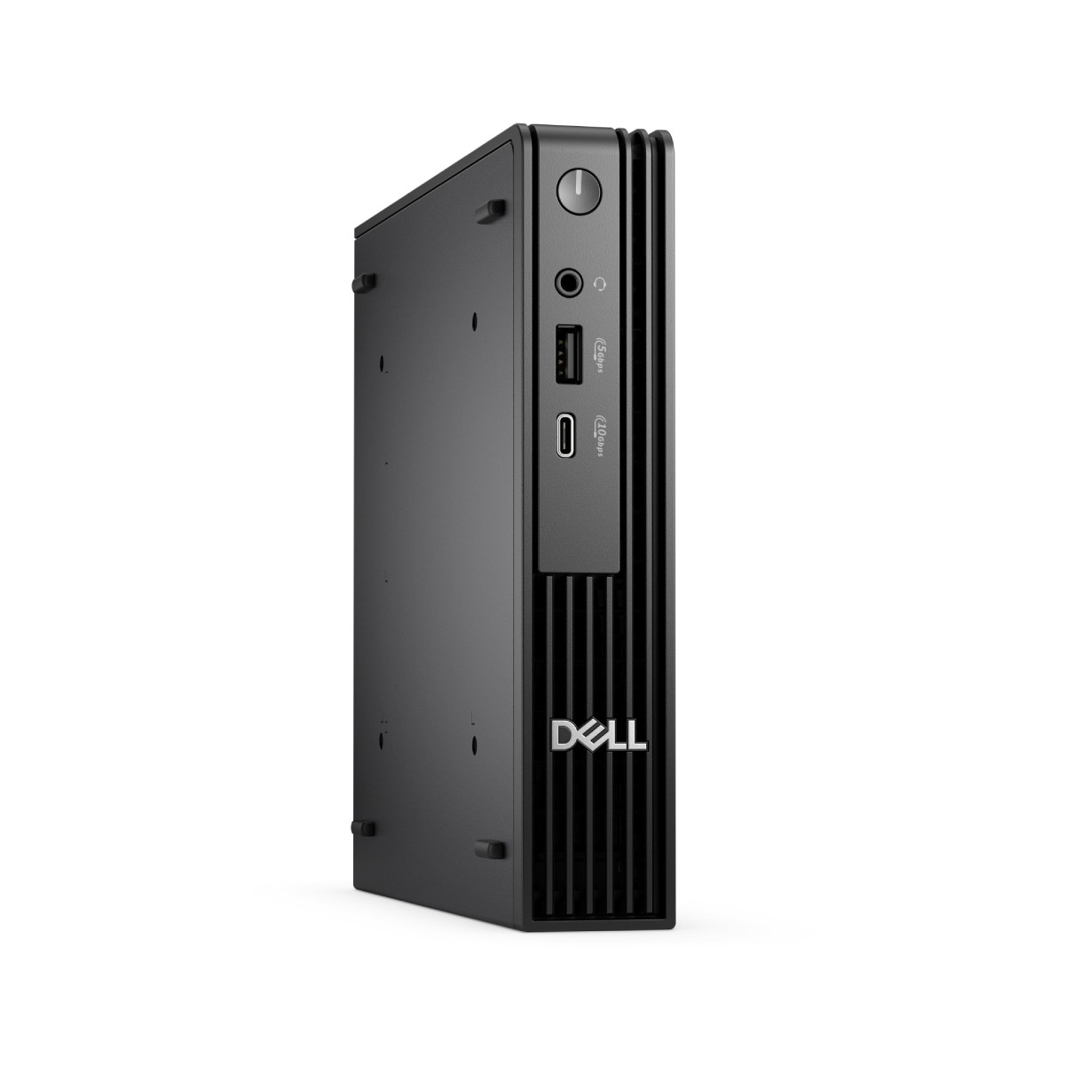 Een zwarte Dell computertoren. Hij heeft een aan/uit-knop, USB-poorten en een koptelefoonaansluiting. Het Dell-logo is zichtbaar.